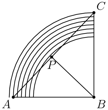 [asy] unitsize(4); pair A, B, C, E, P; A=(-20, 0); B=origin; C=(0,21); E=(-21, 20); P=extension(B,E, A, C); draw(A--B--C--cycle); draw(B--P); dot("$A$", A, SW); dot("$B$", B, SE); dot("$C$", C, NE); dot("$P$", P, S); draw(arc((0,0),21, 90, 180)); draw(arc((0,0),20, 90, 180)); draw(arc((0,0),19, 90, 180)); draw(arc((0,0),18, 90, 180)); draw(arc((0,0),17, 90, 180)); draw(arc((0,0),16, 90, 180)); draw(arc((0,0),15, 90, 180)); [/asy]