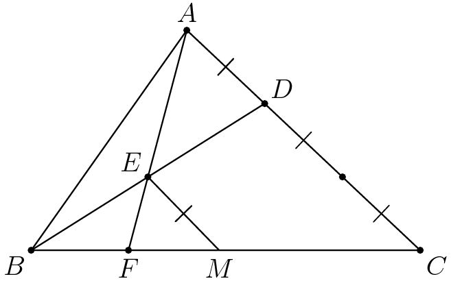 [asy] import geometry; unitsize(2cm); pair A,B,C,DD,EE,FF, M; B = (0,0); C = (3,0); M = (1.45,0); A = (1.2,1.7); DD = (2/3)*A+(1/3)*C; EE = (B+DD)/2; FF = intersectionpoint(B--C,A--A+2*(EE-A)); draw(A--B--C--cycle); draw(A--FF);  draw(B--DD);dot(A);  label("$A$",A,N); dot(B);  label("$B$", B,SW);dot(C);  label("$C$",C,SE); dot(DD);  label("$D$",DD,NE); dot(EE);  label("$E$",EE,NW); dot(FF);  label("$F$",FF,S); draw(EE--M,StickIntervalMarker(1,1)); label("$M$",M,S); draw(A--DD,invisible,StickIntervalMarker(1,1)); dot((DD+C)/2); draw(DD--C,invisible,StickIntervalMarker(2,1)); [/asy]