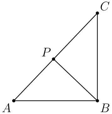 [asy] unitsize(4); pair A, B, C, E, P; A=(-20, 0); B=origin; C=(0,21); E=(-21, 20); P=extension(B,E, A, C); draw(A--B--C--cycle); draw(B--P); dot("$A$", A, SW); dot("$B$", B, SE); dot("$C$", C, NE); dot("$P$", P, NW); [/asy]