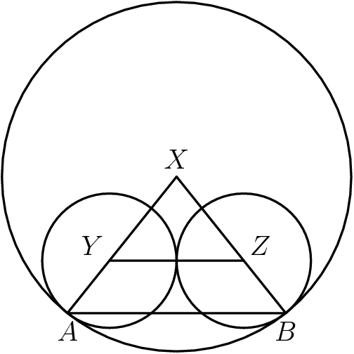 [asy] draw(circle((0,0),13)); draw(circle((5,-6.25),5)); draw(circle((-5,-6.25),5)); label("$A$", (-8.125,-10.15), S); label("$B$", (8.125,-10.15), S); draw((0,0)--(-8.125,-10.15)); draw((0,0)--(8.125,-10.15)); draw((-5,-6.25)--(5,-6.25)); draw((-8.125,-10.15)--(8.125,-10.15)); label("$X$", (0,0), N); label("$Y$", (-5,-6.25),NW); label("$Z$", (5,-6.25),NE); [/asy]