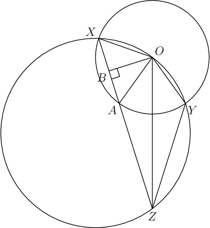 [asy] size(8cm,8cm); path circ1, circ2; circ1=circle((0,0),5); circ2=circle((3,4),3); pair O, Z; O=(3,4); Z=(3,-4); pair [] x=intersectionpoints(circ1,circ2); pair [] y=intersectionpoints(x[1]--Z,circ2); pair B; B=midpoint(x[1]--y[0]); draw(B--O); draw(x[0]--Z); draw(O--Z); draw(x[1]--Z); draw(O--x[0]); draw(circ1); draw(circ2); draw(rightanglemark(Z,B,O,15)); draw(x[1]--O--y[0]); label("$O$",O,NE); label("$Y$",x[0],SE); label("$X$",x[1],NW); label("$Z$",Z,S); label("$A$",y[0],SW); label("$B$",B,SW);[/asy]