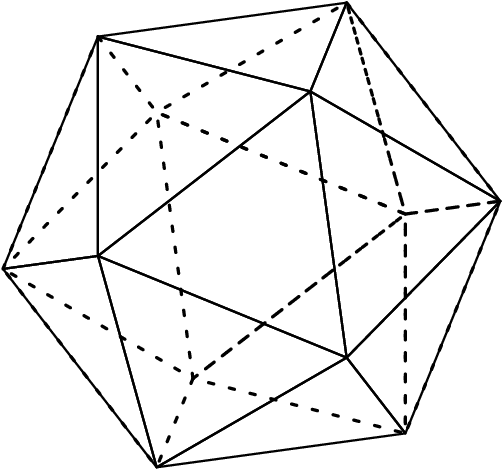 [asy] import three; real phi = (1+5^.5)/2; currentprojection=orthographic(2,-2,2);  triple P[] = {(0,1,phi),(0,-1,phi),(0,-1,-phi),(0,1,-phi),(1,phi,0),(-1,phi,0),(-1,-phi,0),(1,-phi,0),(phi,0,1),(phi,0,-1),(-phi,0,-1),(-phi,0,1)};  void drawFrontFace(int x, int y, int z){ draw(P[x] -- P[y] -- P[z] -- cycle, linewidth(0.7)); }  void drawBackFace(int x, int y, int z){ draw(P[x] -- P[y] -- P[z] -- cycle, linetype("2 6")); }   drawFrontFace(6,10,11);drawFrontFace(5,10,11);drawFrontFace(5,0,11);drawFrontFace(6,10,2);drawFrontFace(3,10,2);drawFrontFace(5,10,3);drawFrontFace(5,0,4);drawFrontFace(5,4,3);drawFrontFace(9,2,3);drawFrontFace(9,4,3); drawBackFace(11,1,6);drawBackFace(7,1,8);drawBackFace(8,1,0);drawBackFace(0,4,8);drawBackFace(8,4,9);drawBackFace(7,8,9);drawBackFace(7,2,6); [/asy]