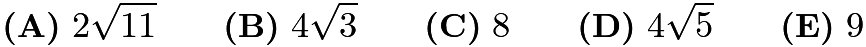 $\textbf{(A)}~2\sqrt{11}\qquad\textbf{(B)}~4\sqrt{3}\qquad\textbf{(C)}~8\qquad\textbf{(D)}~4\sqrt{5}\qquad\textbf{(E)}~9$