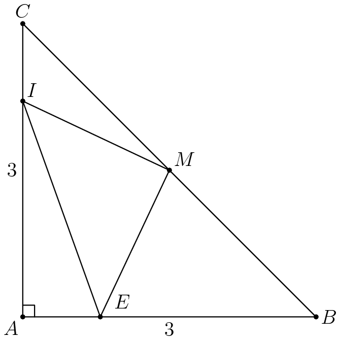 [asy] import olympiad;  size(200);  pair A, B, C, I, M, E;  A = (0, 0); B = (3, 0); C = (0, 3); M = (1.5, 1.5); I = (0, 1.5 + sqrt(2) / 2); E = (1.5 - sqrt(2) / 2, 0);  draw(A -- B -- C -- cycle); draw(I -- M -- E -- cycle); draw(rightanglemark(I, A, E, 4));  dot(A); dot(B); dot(C); dot(I); dot(M); dot(E);  label("$A$", A, SW); label("$B$", B, E); label("$C$", C, N); label("$I$", I, NE); label("$M$", M, NE); label("$E$", E + (0.1, 0.04), NE); label("$3$", (A + C) / 2, W); label("$3$", (A + B) / 2, S); [/asy]