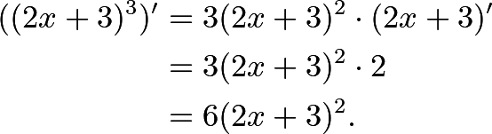 \begin{align*} ((2x+3)^3)' &= 3(2x+3)^2 \cdot (2x+3)' \\ &= 3(2x+3)^2 \cdot 2 \\ &= 6(2x+3)^2. \end{align*}