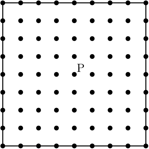 [asy] draw((0,0)--(0,8)); draw((0,8)--(8,8)); draw((8,8)--(8,0)); draw((8,0)--(0,0)); dot((0,0)); dot((0,1)); dot((0,2)); dot((0,3)); dot((0,4)); dot((0,5)); dot((0,6)); dot((0,7)); dot((0,8));  dot((1,0)); dot((1,1)); dot((1,2)); dot((1,3)); dot((1,4)); dot((1,5)); dot((1,6)); dot((1,7)); dot((1,8));  dot((2,0)); dot((2,1)); dot((2,2)); dot((2,3)); dot((2,4)); dot((2,5)); dot((2,6)); dot((2,7)); dot((2,8));  dot((3,0)); dot((3,1)); dot((3,2)); dot((3,3)); dot((3,4)); dot((3,5)); dot((3,6)); dot((3,7)); dot((3,8));  dot((4,0)); dot((4,1)); dot((4,2)); dot((4,3)); dot((4,4)); dot((4,5)); dot((4,6)); dot((4,7)); dot((4,8));  dot((5,0)); dot((5,1)); dot((5,2)); dot((5,3)); dot((5,4)); dot((5,5)); dot((5,6)); dot((5,7)); dot((5,8));  dot((6,0)); dot((6,1)); dot((6,2)); dot((6,3)); dot((6,4)); dot((6,5)); dot((6,6)); dot((6,7)); dot((6,8));  dot((7,0)); dot((7,1)); dot((7,2)); dot((7,3)); dot((7,4)); dot((7,5)); dot((7,6)); dot((7,7)); dot((7,8));  dot((8,0)); dot((8,1)); dot((8,2)); dot((8,3)); dot((8,4)); dot((8,5)); dot((8,6)); dot((8,7)); dot((8,8)); label("P",(4,4),NE); [/asy]