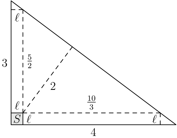 [asy] /* Edited by MRENTHUSIASM */ size(180); pair A, B, C, D, F; A = origin; B = (4,0); C = (0,3); D = (2/7,2/7); F = foot(D,B,C); fill(A--(2/7,0)--D--(0,2/7)--cycle, lightgray); draw(A--B--C--cycle); label("$4$", midpoint(A--B), S); label("$3$", midpoint(A--C), W); label("$2$", midpoint(D--F), SE); label("$S$", midpoint(A--D)); label("$\ell$", midpoint((0,2/7)--D), N); label("$\ell$", midpoint((2/7,0)--D), E); label("$\ell$", midpoint((2/7,2/7+5/2)--(0,2/7+5/2)), S); label("$\ell$", midpoint((2/7+10/3,2/7)--(2/7+10/3,0)), W); label("$\frac{5}{2}$", midpoint((2/7,2/7+5/2)--D), E); label("$\frac{10}{3}$", midpoint((2/7+10/3,2/7)--D), N); draw((2/7,0)--D--(0,2/7)); draw((2/7,2/7+5/2)--D^^(2/7+10/3,2/7)--D, dashed); draw((2/7,2/7+5/2)--(0,2/7+5/2)^^(2/7+10/3,2/7)--(2/7+10/3,0), dashed); draw(D--F, dashed); [/asy]