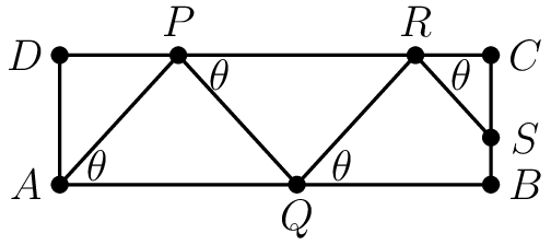 [asy] import olympiad; draw((-50,15)--(50,15)); draw((50,15)--(50,-15)); draw((50,-15)--(-50,-15)); draw((-50,-15)--(-50,15)); draw((-50,-15)--(-22.5,15)); draw((-22.5,15)--(5,-15)); draw((5,-15)--(32.5,15)); draw((32.5,15)--(50,-4.090909090909)); label("$\theta$", (-41.5,-10.5)); label("$\theta$", (-13,10.5)); label("$\theta$", (15.5,-10.5)); label("$\theta$", (43,10.5)); dot((-50,15)); dot((-50,-15)); dot((50,15)); dot((50,-15)); dot((50,-4.09090909090909)); label("$D$",(-58,15)); label("$A$",(-58,-15)); label("$C$",(58,15)); label("$B$",(58,-15)); label("$S$",(58,-4.0909090909)); dot((-22.5,15)); dot((5,-15)); dot((32.5,15)); label("$P$",(-22.5,23)); label("$Q$",(5,-23)); label("$R$",(32.5,23)); [/asy]