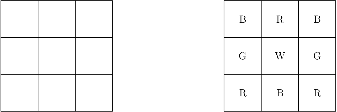 [asy] unitsize(0.5cm, 0.5cm); draw((0,0)--(9,0)--(9,9)--(0,9)--cycle); draw((0,3)--(9,3)); draw((0,6)--(9,6)); draw((3,0)--(3,9)); draw((6,0)--(6,9));  draw((18,0)--(27,0)--(27,9)--(18,9)--cycle); draw((18,3)--(27,3)); draw((18,6)--(27,6)); draw((21,0)--(21,9)); draw((24,0)--(24,9));  label("R", (19.5,1.5)); label("B", (22.5,1.5)); label("R", (25.5,1.5));  label("G", (19.5,4.5)); label("W", (22.5,4.5)); label("G", (25.5,4.5));  label("B", (19.5,7.5)); label("R", (22.5,7.5)); label("B", (25.5,7.5));  [/asy]