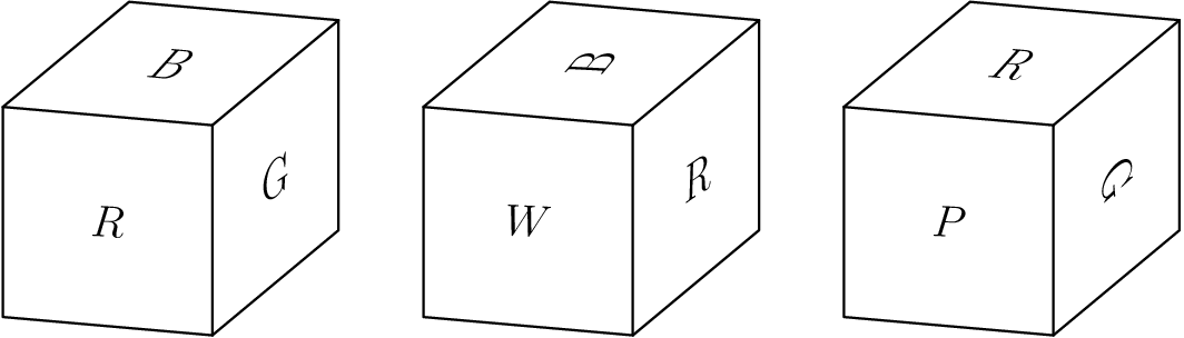 [asy] unitsize(2cm); pair x, y, z, trans; int i;  x = dir(-5); y = (0.6,0.5); z = (0,1); trans = (2,0);  for (i = 0; i <= 2; ++i) { draw(shift(i*trans)*((0,0)--x--(x + y)--(x + y + z)--(y + z)--z--cycle)); draw(shift(i*trans)*((x + z)--x)); draw(shift(i*trans)*((x + z)--(x + y + z))); draw(shift(i*trans)*((x + z)--z)); }  label(rotate(-3)*"$R$", (x + z)/2); label(rotate(-5)*slant(0.5)*"$B$", ((x + z) + (y + z))/2); label(rotate(35)*slant(0.5)*"$G$", ((x + z) + (x + y))/2);  label(rotate(-3)*"$W$", (x + z)/2 + trans); label(rotate(50)*slant(-1)*"$B$", ((x + z) + (y + z))/2 + trans); label(rotate(35)*slant(0.5)*"$R$", ((x + z) + (x + y))/2 + trans);  label(rotate(-3)*"$P$", (x + z)/2 + 2*trans); label(rotate(-5)*slant(0.5)*"$R$", ((x + z) + (y + z))/2 + 2*trans); label(rotate(-85)*slant(-1)*"$G$", ((x + z) + (x + y))/2 + 2*trans); [/asy]