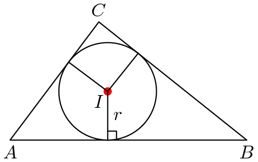 [asy] pathpen = linewidth(0.7); pair A=(0,0),B=(4,0),C=(1.5,2),I=incenter(A,B,C),F=foot(I,A,B); D(MP("A",A)--MP("B",B)--MP("C",C,N)--cycle); D(CR(D(MP("I",I,SW)),inradius(A,B,C))); D(F--I--foot(I,B,C)--I--foot(I,C,A)); D(rightanglemark(I,F,B,5)); MP("r",(F+I)/2,E); [/asy]