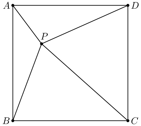 [asy] unitsize(120); pair B = (0, 0), A = (0, 1), D = (1, 1), C = (1, 0), P = (1/4, 2/3); draw(A--B--C--D--cycle); dot(P); defaultpen(fontsize(10pt)); draw(A--P--B); draw(C--P--D); label("$A$", A, W); label("$B$", B, W); label("$C$", C, E); label("$D$", D, E); label("$P$", P, N*1.5+E*0.5); dot(A); dot(B); dot(C); dot(D); [/asy]