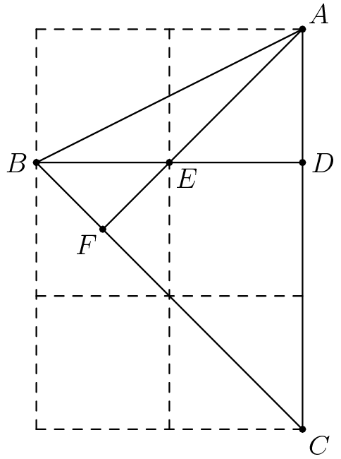 [asy] unitsize(2cm); pair A,B,C,D,E,F,a,b,c,d,e,f; A = (2,3); B = (0,2);  C = (2,0); D = (2/3)*A+(1/3)*C; E = (B+D)/2; F = intersectionpoint(B--C,A--A+2*(E-A)); a = (0,0); b = (1,0); c = (2,1); d = (1,3); e = (0,3); f = (0,1); draw(a--C,dashed); draw(f--c,dashed); draw(e--A,dashed); draw(a--e,dashed); draw(b--d,dashed); draw(A--B--C--cycle); draw(A--F);  draw(B--D); dot(A);  label("$A$",A,NE); dot(B);  label("$B$",B,dir(180)); dot(C);  label("$C$",C,SE); dot(D);  label("$D$",D,dir(0)); dot(E);  label("$E$",E,SE); dot(F);  label("$F$",F,SW); [/asy]