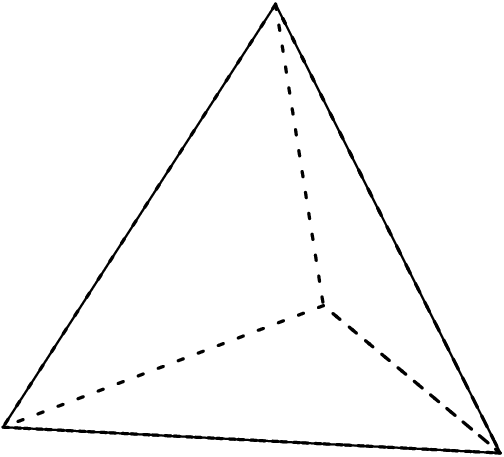 [asy]import three; currentprojection = orthographic(-1.2,-0.2,0.4); triple[] P = {(0,0,(2/3)^.5),(3^(-0.5),0,0),(-1/2/3^.5,1/2,0),(-1/2/3^.5,-1/2,0)};  void drawFrontFace(int x, int y, int z){  draw(P[x] -- P[y] -- P[z] -- cycle, linewidth(0.7));  /* fill(P[x] -- P[y] -- P[z] -- cycle, rgb(0.7,0.7,0.7)); */ }  void drawBackFace(int x, int y, int z){  draw(P[x] -- P[y] -- P[z] -- cycle, linetype("2 6")); }   drawFrontFace(0,3,2);drawBackFace(0,1,3);drawBackFace(0,2,3);drawBackFace(1,2,3);   [/asy]