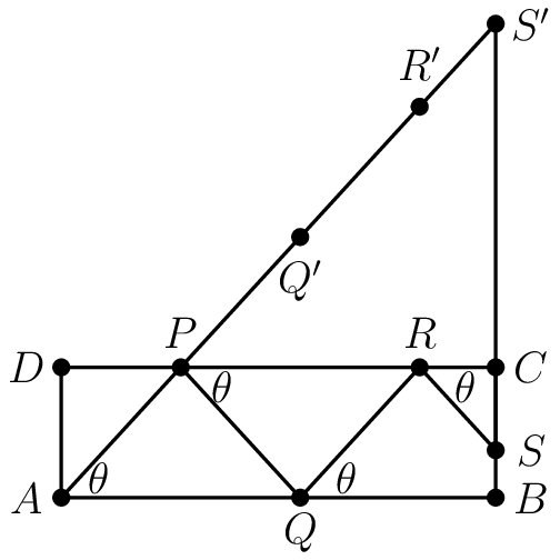[asy] import olympiad; draw((-50,15)--(50,15)); draw((50,15)--(50,-15)); draw((50,-15)--(-50,-15)); draw((-50,-15)--(-50,15)); draw((-50,-15)--(-22.5,15)); draw((-22.5,15)--(5,-15)); draw((5,-15)--(32.5,15)); draw((32.5,15)--(50,-4.090909090909)); label("$\theta$", (-41.5,-10.5)); label("$\theta$", (-13,10.5)); label("$\theta$", (15.5,-10.5)); label("$\theta$", (43,10.5)); dot((-50,15)); dot((-50,-15)); dot((50,15)); dot((50,-15)); dot((50,-4.09090909090909)); label("$D$",(-58,15)); label("$A$",(-58,-15)); label("$C$",(58,15)); label("$B$",(58,-15)); label("$S$",(58,-4.0909090909)); dot((-22.5,15)); dot((5,-15)); dot((32.5,15)); dot((5,45)); dot((32.5,75)); dot((50,94.09090909090909)); draw((-22.5,15)--(50,94.09090909090909)); draw((50,-4.09090909090909)--(50,94.09090909090909)); label("$P$",(-22.5,23)); label("$Q$",(5,-23)); label("$R$",(32.5,23)); label("$Q'$",(5,35)); label("$R'$",(32.5,85)); label("$S'$",(58,94.09090909090909)); [/asy]