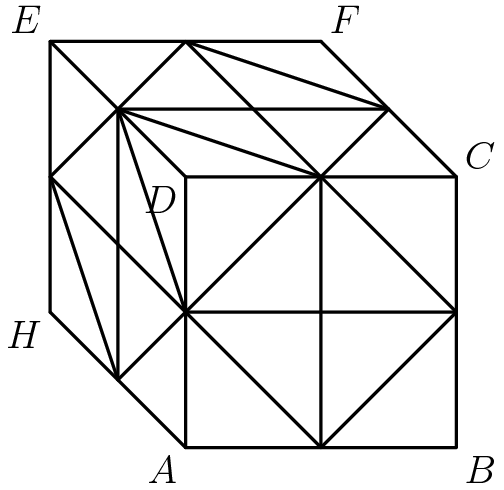 [asy] pair A=(0,0), B=(2,0), C=(2,2), D=(0,2), E=(-1,3), F=(1,3), G=(1,1), H=(-1,1), I=(1,0), J=(2,1), K=(1,2), L=(0,1), M=(-0.5,0.5), N=(-1,2), O=(-0.5,2.5), P=(0,3), Q=(1.5,2.5), R=(1,2), S=(1.5,0.5), T=(0,1); draw(A--B--C--D--E--F); draw(H--A); draw(A--D); draw(H--E); draw(F--C); draw(I--J--K--L--I); draw(I--K); draw(J--L); draw(K--Q--P--O--K); draw(K--P); draw(Q--O); draw(O--L--M--N--O); draw(O--M); draw(L--N); label("\(A\)",A,SW); label("\(B\)",B,SE); label("\(C\)",C,NE); label("\(D\)",D,SW); label("\(E\)",E,NW); label("\(F\)",F,NE); label("\(H\)",H,SW); [/asy]