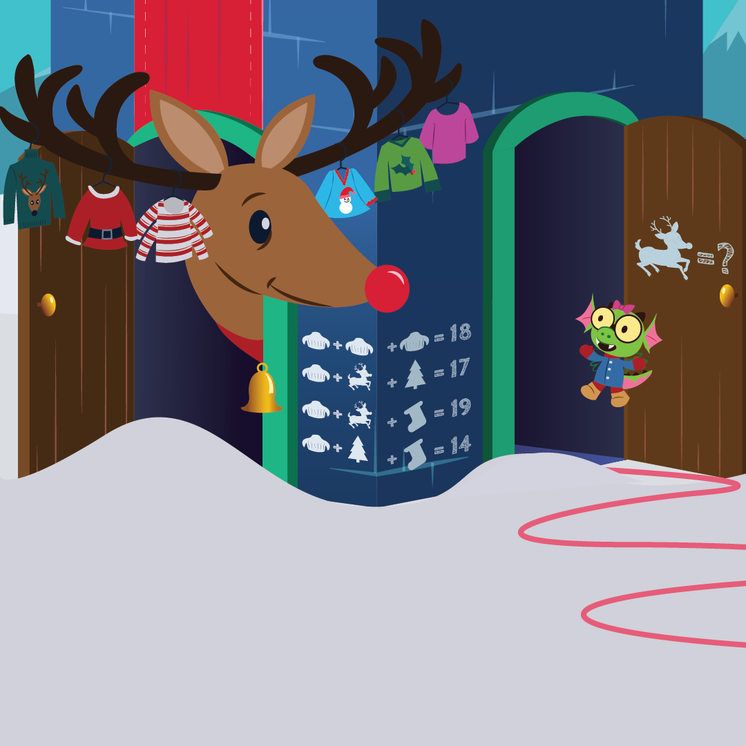 (sweater) + (sweater) + (sweater) = 18; (sweater) + (reindeer) + (pine tree) = 17; (sweater) + (reindeer) + (stocking) = 19; (sweater) + (pine tree) + (stocking) = 14