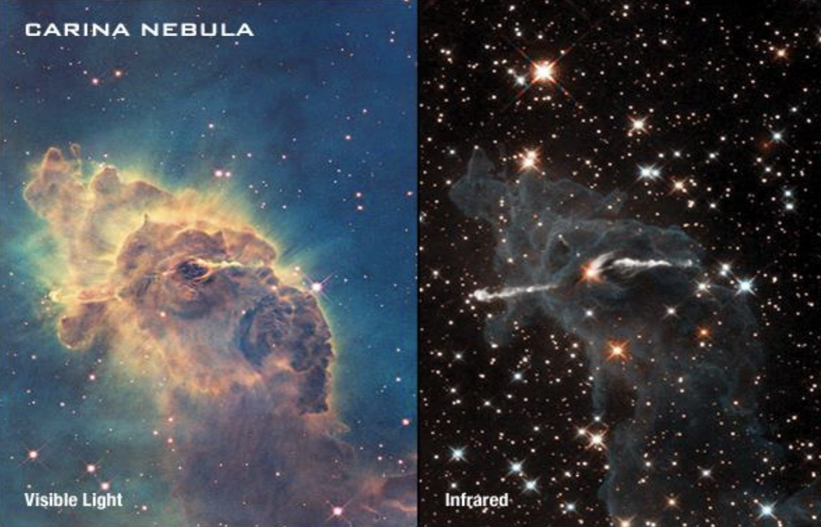 Two views of the Carina Nebula in visible and infrared light. Credit: NASA, ESA, and the Hubble SM4 ERO Team