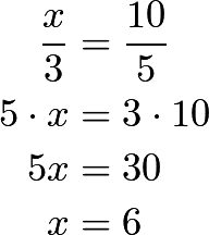 \begin{align*} \frac{x}{3} &= \frac{10}{5} \\ 5 \cdot x &= 3 \cdot 10 \\ 5x &= 30 \\ x &= 6 \end{align*}