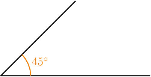 [asy] pair A = (1,1); pair O = (0,0); pair B = (2,0); draw(O--A); draw(O--B);  import geometry; markangle("$45^\circ$", B, O, A, p=orange); [/asy]