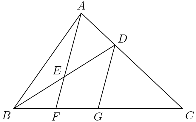 [asy] unitsize(2cm); pair A,B,C,DD,EE,FF,G; B = (0,0); C = (3,0);  A = (1.2,1.7); DD = (2/3)*A+(1/3)*C; EE = (B+DD)/2; FF = intersectionpoint(B--C,A--A+2*(EE-A)); G = (1.5,0); draw(A--B--C--cycle); draw(A--FF);  draw(B--DD);  draw(G--DD); label("$A$",A,N); label("$B$", B,SW);  label("$C$",C,SE); label("$D$",DD,NE);  label("$E$",EE,NW); label("$F$",FF,S); label("$G$",G,S); [/asy]