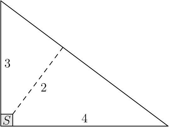 [asy] /* Edited by MRENTHUSIASM */ size(160); pair A, B, C, D, F; A = origin; B = (4,0); C = (0,3); D = (2/7,2/7); F = foot(D,B,C); fill(A--(2/7,0)--D--(0,2/7)--cycle, lightgray); draw(A--B--C--cycle); draw((2/7,0)--D--(0,2/7)); label("$4$", midpoint(A--B), N); label("$3$", midpoint(A--C), E); label("$2$", midpoint(D--F), SE); label("$S$", midpoint(A--D)); draw(D--F, dashed); [/asy]