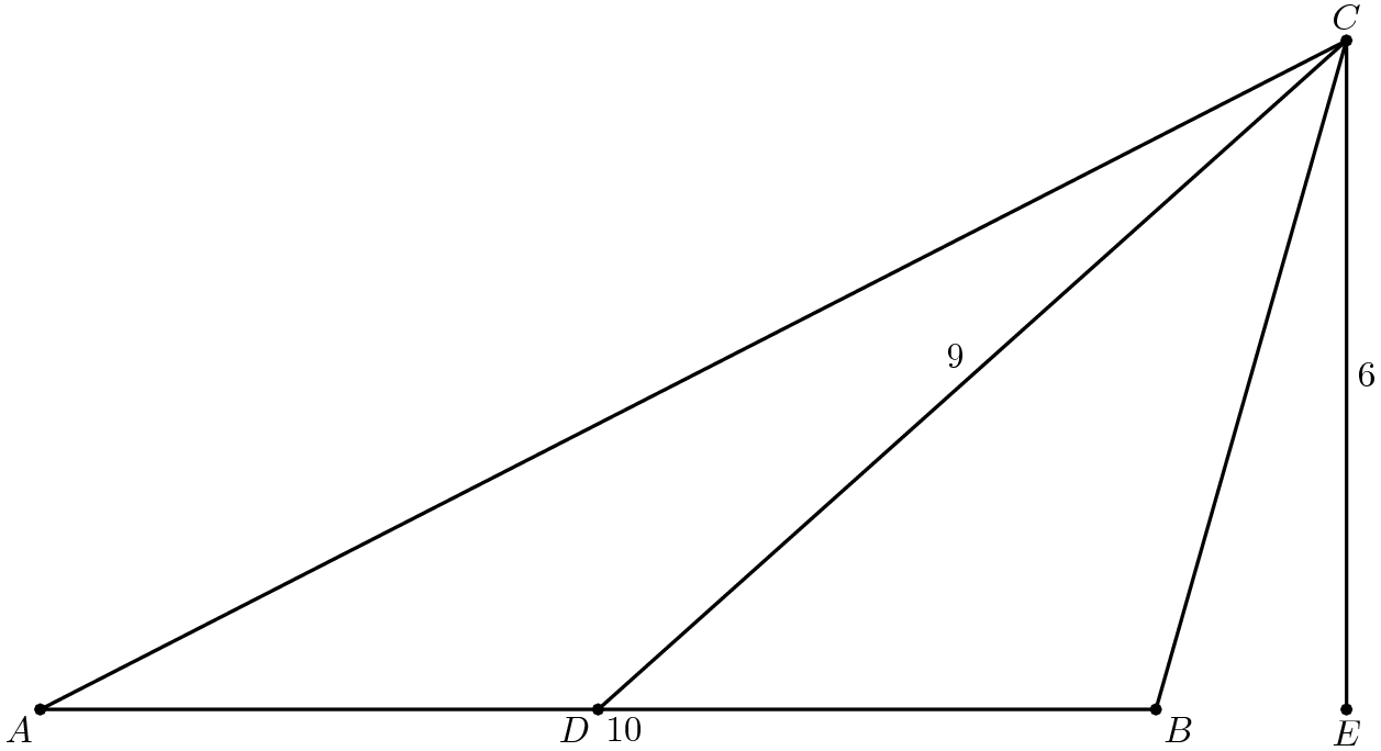 [asy] unitsize(5mm); defaultpen(linewidth(.8pt)+fontsize(10pt)); dotfactor=4;  pair A=(-5,0), B=(5,0), C=(sqrt(45),6), D=(0,0), E=(sqrt(45),0); draw(A--B--C--cycle); draw(D--C); draw(E--C);  pair[] ps={A,B,C,D,E}; dot(ps);  label("$A$",A,SW); label("$B$",B,SE); label("$C$",C,N); label("$D$",D,SW); label("$E$",E,S); label("$9$",(D--C),NW); label("$6$",(E--C)); label("$10$",(A--B),SE); [/asy]