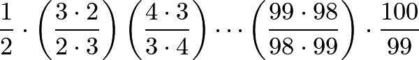 \[\frac{1}{2}\cdot\left(\frac{3\cdot2}{2\cdot3}\right)\left(\frac{4\cdot3}{3\cdot4}\right)\cdots\left(\frac{99\cdot98}{98\cdot99}\right)\cdot\frac{100}{99}\]