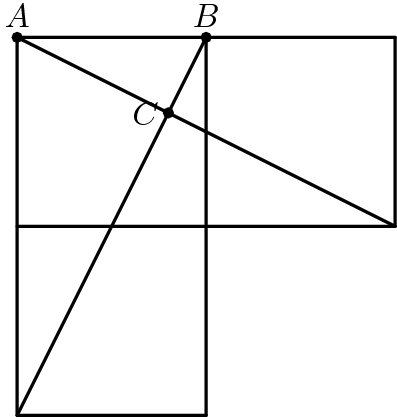 [asy] size(200); unitsize(2cm); defaultpen(linewidth(.8pt)+fontsize(10pt)); dotfactor=4;  pair A=(0,0), B=(1,0); pair C=(0.8,-0.4); draw(A--(2,0)); draw((0,-1)--(2,-1)); draw((0,-2)--(1,-2)); draw(A--(0,-2)); draw(B--(1,-2)); draw((2,0)--(2,-1)); draw(A--(2,-1)); draw(B--(0,-2));  pair[] ps={A,B,C}; dot(ps);  label("$A$",A,N); label("$B$",B,N); label("$C$",C,W); [/asy]