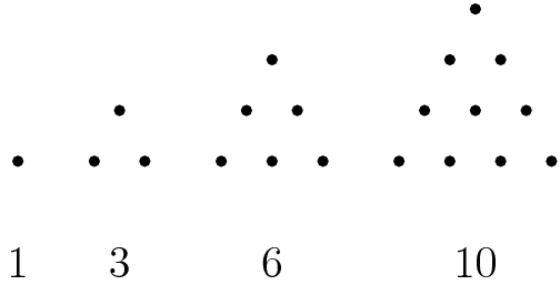 [asy] int draw_triangle(pair start, int n) {   real rowStart = start.x;   for (int row=1; row<=n; ++row)   {     for (real j=rowStart; j<(rowStart+row); ++j)     {       draw((j, start.y - row), linewidth(3));     }     rowStart -= 0.5;   }   return 0; }  for (int n=1; n<5; ++n) {   real value= n*(n+1)/2;   draw_triangle((value+5,n),n);   label( (string) value, (value+5, -2)); } [/asy]