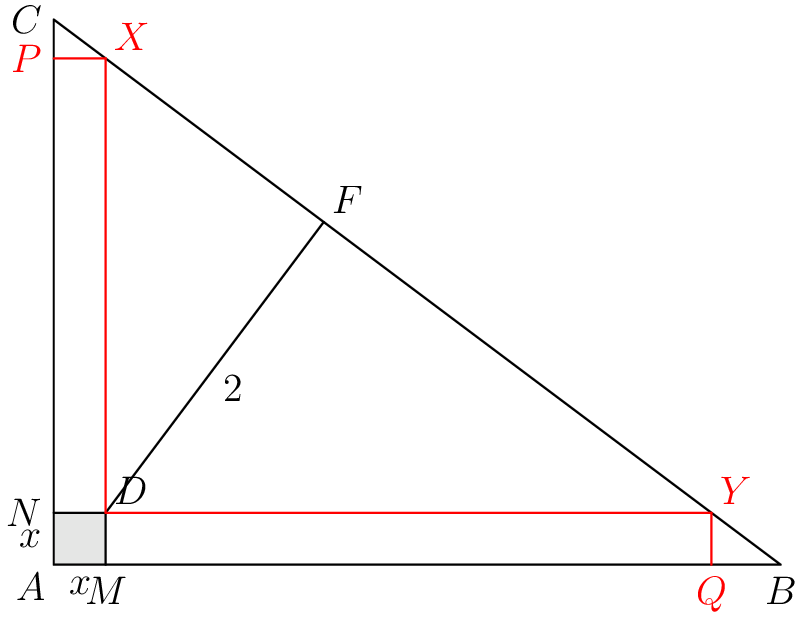 [asy] size(240); pair A, B, C, D, F, X, Y, P, Q, M, N; A = origin; label(A, "$A$", SW); B = (4,0); label(B, "$B$", S); C = (0,3); label(C, "$C$", W); D = (2/7,2/7); label(D, "$D$", NE); F = foot(D,B,C); label(F, "$F$", NE); X = (2/7,39/14); label(X, "$X$", NE, red); Y = (76/21,2/7); label(Y, "$Y$", NE, red); P = foot(X,A,C); label(P, "$P$", W, red); Q = foot(Y,A,B); label(Q, "$Q$", S, red); M = (2/7,0); label(M, "$M$", S); N = (0,2/7); label(N, "$N$", W);  fill(A--(2/7,0)--D--(0,2/7)--cycle, lightgray); draw(A--B--C--cycle); draw((2/7,0)--D--(0,2/7)); label("$x$", midpoint(A--M), S); label("$x$", midpoint(A--N), W); label("$2$", midpoint(D--F), SE); draw(D--F); draw(D--X, red); draw(D--Y, red); draw(X--P, red); draw(Y--Q, red); [/asy]