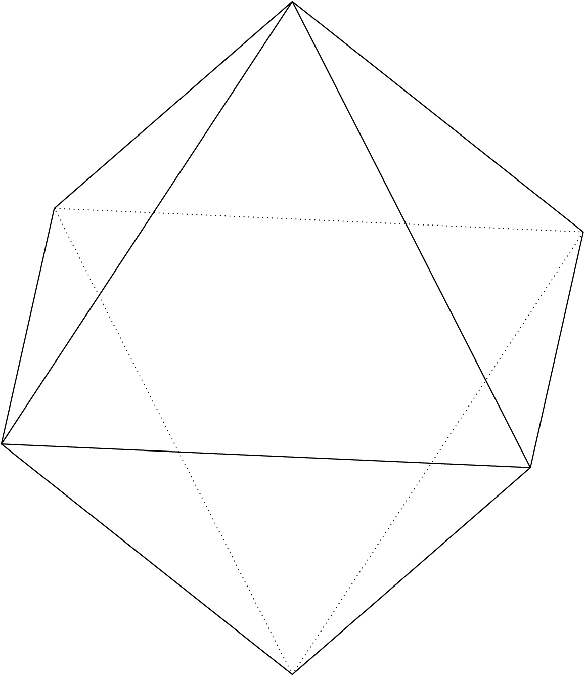 [asy] import three; import math; unitsize(1.5cm); currentprojection=orthographic(2,0.2,1);  triple A=(0,0,1); triple B=(sqrt(2)/2,sqrt(2)/2,0); triple C=(sqrt(2)/2,-sqrt(2)/2,0); triple D=(-sqrt(2)/2,-sqrt(2)/2,0); triple E=(-sqrt(2)/2,sqrt(2)/2,0); triple F=(0,0,-1); draw(A--B--E--cycle); draw(A--C--D--cycle); draw(F--C--B--cycle); draw(F--D--E--cycle,dotted+linewidth(0.7)); [/asy]