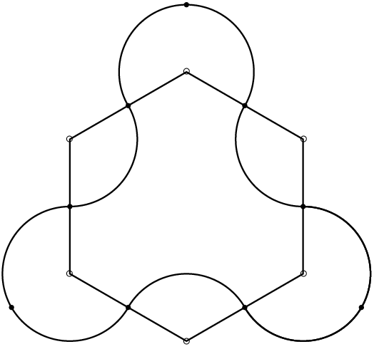 [asy] unitsize(2cm); defaultpen(fontsize(6pt)); dotfactor=4; label("$\circ$",(0,1)); label("$\circ$",(0.865,0.5)); label("$\circ$",(-0.865,0.5)); label("$\circ$",(0.865,-0.5)); label("$\circ$",(-0.865,-0.5)); label("$\circ$",(0,-1)); dot((0,1.5)); dot((-0.4325,0.75)); dot((0.4325,0.75)); dot((-0.4325,-0.75)); dot((0.4325,-0.75)); dot((-0.865,0)); dot((0.865,0)); dot((-1.2975,-0.75)); dot((1.2975,-0.75)); draw(Arc((0,1),0.5,210,-30)); draw(Arc((0.865,0.5),0.5,150,270)); draw(Arc((0.865,-0.5),0.5,90,-150)); draw(Arc((0.865,-0.5),0.5,90,-150)); draw(Arc((0,-1),0.5,30,150)); draw(Arc((-0.865,-0.5),0.5,330,90)); draw(Arc((-0.865,0.5),0.5,-90,30)); draw((0,1)--(0.865, 0.5)--(0.865,-0.5)--(0,-1)--(-0.865,-0.5)--(-0.865,0.5)--(0,1)); [/asy]