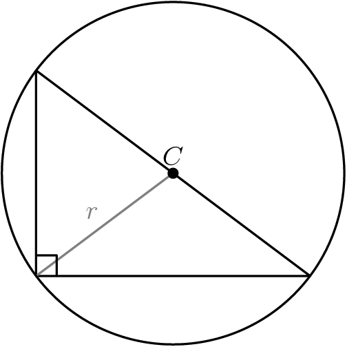 [asy] pair A,B,C,I; A=(0,0); B=(0,3); C=(4,0); draw(A--B--C--cycle); I=circumcenter(A,B,C); draw(I--A,gray); label("$r$",(I+A)/2,NW,gray); draw(circumcircle(A,B,C)); label("$C$",I,N); dot(I); draw(rightanglemark(B,A,C,10)); [/asy]