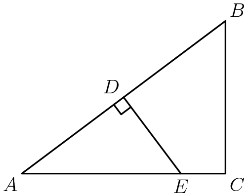 [asy] draw((0,0)--(4,0)--(4,3)--(0,0)); label("$A$", (0,0), SW); label("$B$", (4,3), NE); label("$C$", (4,0), SE);  label("$D$", (2,1.5), NW); label("$E$", (3.125,0), S); draw ((2,1.5)--(3.125,0),linewidth(1));  draw(rightanglemark((0,0),(2,1.5),(3.125,0))); [/asy]