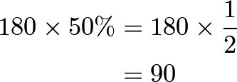 \begin{align*} 180 \times 50\% &= 180 \times \frac{1}{2} \\ &= 90 \\ \end{align*}