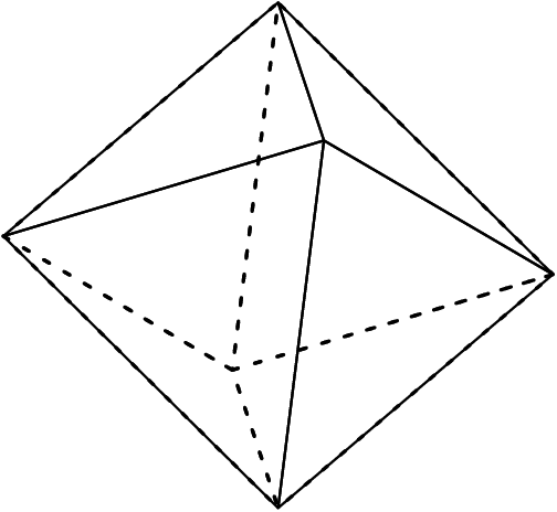 [asy] import three; currentprojection = orthographic(0.5,-3,1.4); triple[] P = {(1,0,0),(0,1,0),(-1,0,0),(0,-1,0),(0,0,1),(0,0,-1)};  void drawFrontFace(int x, int y, int z){ draw(P[x] -- P[y] -- P[z] -- cycle, linewidth(0.7)); }  void drawBackFace(int x, int y, int z){ draw(P[x] -- P[y] -- P[z] -- cycle, linetype("2 6")); }   drawFrontFace(0,1,4);drawFrontFace(1,2,4);drawFrontFace(0,1,5);drawFrontFace(1,2,5);drawBackFace(2,3,4);drawBackFace(3,0,4);drawBackFace(2,3,5);drawBackFace(3,0,5); [/asy]