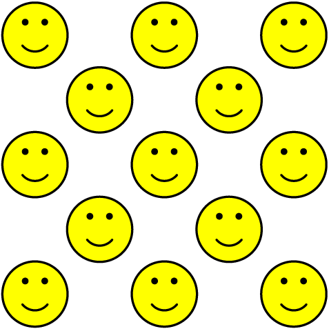 [asy] import graph; real r=5;  size(r*cm); picture smiley; filldraw(smiley,Circle((0,0),1),yellow,black); fill(smiley,Circle((-.3,.4),.1),black); fill(smiley,Circle((.3,.4),.1),black); draw(smiley,Arc((0,0),.5,-140,-40)); for (int i=0; i<5; ++i) {  for (int j=0; j<5; ++j)  {   if (floor((i-j)/2)==((i-j)/2))   {   add(scale(r/10*cm)*smiley,(i,j));   }  } } [/asy]