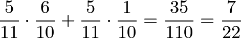 \[\frac{5}{11} \cdot \frac{6}{10} + \frac{5}{11} \cdot \frac{1}{10} = \frac{35}{110} = \frac{7}{22}\]