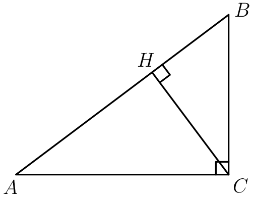 [asy] pair A, B, C, H; A = (0, 0); B = (4, 3); C = (4, 0); H = foot(C, A, B);  draw(A--B--C--cycle); draw(C--H); draw(rightanglemark(A, C, B)); draw(rightanglemark(C, H, B)); label("$A$", A, SSW); label("$B$", B, ENE); label("$C$", C, SE); label("$H$", H, NNW); [/asy]