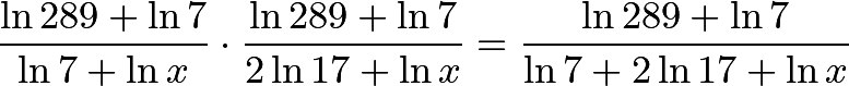 \[\frac{\ln 289+\ln 7}{\ln7 + \ln{x}} \cdot \frac{\ln 289+\ln 7}{2\ln17 + \ln{x}} = \frac{\ln 289+\ln 7}{\ln7 + 2\ln17 + \ln{x}}\]