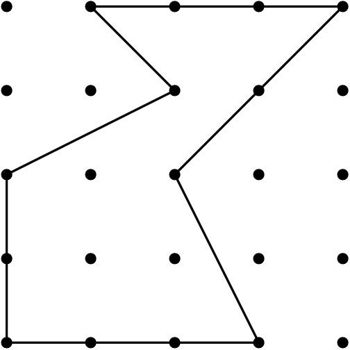 [asy] size(150); defaultpen(linewidth(0.8)); for (int i = -2; i <= 2; i=i+1) { for (int j = -2; j <= 2; j=j+1) { dot((i,j)); } } draw((-2,-2)--(-2,0)--(0,1)--(-1,2)--(2,2)--(0,0)--(1,-2)--cycle);[/asy]