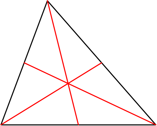 [asy] pair A,B,C,X,Y,Z; A = (0,0); B = (1,0); C = (0.3,0.8); draw(A--B--C--A); X = (B+C)/2; Y = (A+C)/2; Z = (A+B)/2; draw(A--X, red); draw(B--Y,red); draw(C--Z,red);[/asy]