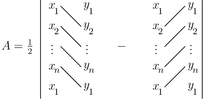 [asy] unitsize(1cm); string[] subscripts={"$1$","$2$"," ","$n$","$1$"}; for(int i=1; i < 6; ++i) {   label(i==3 ? "$\vdots$" : "$x$",(0,-i*.7));   label(i==3 ? "$\vdots$" : "$y$",(1.2,-i*.7));   label(subscripts[i-1],(0,-i*.7),SE,fontsize(9pt));    label(subscripts[i-1],(1.2,-i*.7),SE,fontsize(9pt));  } for(int i=1; i<5; ++i)   draw((0.3,-i*.7)--(1,-(i+1)*.7));  pair c=(1.2,0); label("$-$",shift(c)*(1.2,-2.1)); label("$A=\frac12$",shift(-c)*(0,-2.1)); draw(shift(-1/3*c)*((0,-.5)--(0,-3.9))); draw(shift(13/3*c)*((0,-.5)--(0,-3.9)));  for(int i=1; i < 6; ++i) {   label(i==3 ? "$\vdots$" : "$x$",shift(3*c)*(0,-i*.7));   label(i==3 ? "$\vdots$" : "$y$",shift(3*c)*(1.2,-i*.7));   label(subscripts[i-1],shift(3*c)*(0,-i*.7),SE,fontsize(9pt));    label(subscripts[i-1],shift(3*c)*(1.2,-i*.7),SE,fontsize(9pt));  } for(int i=1; i<5; ++i)   draw(shift(3*c)*(0.3,-(i+1)*.7)--shift(3*c)*(1,-i*.7)); [/asy]