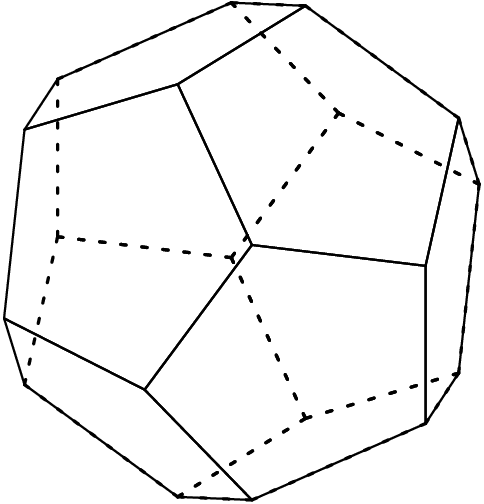 [asy] import three; real phi = (1+5^.5)/2; currentprojection=orthographic(2,-2.2,2); pen d=linewidth(0.7),l=linetype("2 6"); triple P[]; /* compute permutations of {±1, ±1, ±1}-cyc{0, ±1/φ, ±φ}*/ for(int i = 0; i < 8; ++i)  P.push(( (-1)^( floor(i/4) ), (-1)^( ( floor(i/2) ) % 2), (-1)^(i%2) )); for(int i = 0; i < 4; ++i)  P.push(( 0, (-1)^( floor(i/2) ) / phi, (-1)^(i%2) * phi )); for(int i = 0; i < 4; ++i)  P.push(( (-1)^(i%2) * phi, 0, (-1)^( floor(i/2) ) / phi )); for(int i = 0; i < 4; ++i)  P.push(( (-1)^( floor(i/2) ) / phi, (-1)^(i%2) * phi, 0 ));  void drawFrontFace(int x[]){for(int i = 1; i < x.length; ++i) draw(P[x[i-1]]--P[x[i]],d); draw(P[x[0]]--P[x[x.length-1]],d);}  void drawBackFace(int x[]){for(int i = 1; i < x.length; ++i) draw(P[x[i-1]]--P[x[i]],l); draw(P[x[0]]--P[x[x.length-1]],l);}   int frontFaces[][] = {{7,11,3,17,19},{6,10,2,17,19},{14,12,2,17,3},{8,10,2,12,0},{14,12,0,16,1},{6,10,8,4,13}},  backFaces[][] = {{4,8,0,16,18},{9,1,14,3,11},{13,4,18,5,15},{18,5,9,1,16},{5,9,11,7,15}}; for(int j=0;j<frontFaces.length;++j) drawFrontFace(frontFaces[j]);  for(int j=0;j<backFaces.length;++j) drawBackFace(backFaces[j]);   [/asy]