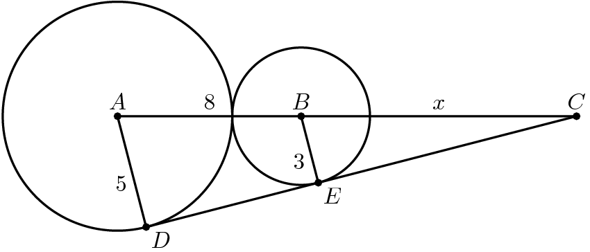 [asy] unitsize(3.5mm); defaultpen(linewidth(.8pt)+fontsize(10pt)); dotfactor=4;  pair A=(0,0), B=(8,0); pair C=(20,0); pair D=(1.25,-0.25sqrt(375)); pair E=(8.75,-0.15sqrt(375)); path a=Circle(A,5); path b=Circle(B,3); draw(a); draw(b); draw(C--D); draw(A--C); draw(A--D); draw(B--E);  pair[] ps={A,B,C,D,E}; dot(ps);  label("$A$",A,N); label("$B$",B,N); label("$C$",C,N); label("$D$",D,SE); label("$E$",E,SE); label("$5$",(A--D),SW); label("$3$",(B--E),SW); label("$8$",(A--B),N); label("$x$",(C--B),N);  [/asy]