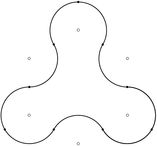 [asy] unitsize(2cm); defaultpen(fontsize(6pt)); dotfactor=4; label("$\circ$",(0,1)); label("$\circ$",(0.865,0.5)); label("$\circ$",(-0.865,0.5)); label("$\circ$",(0.865,-0.5)); label("$\circ$",(-0.865,-0.5)); label("$\circ$",(0,-1)); dot((0,1.5)); dot((-0.4325,0.75)); dot((0.4325,0.75)); dot((-0.4325,-0.75)); dot((0.4325,-0.75)); dot((-0.865,0)); dot((0.865,0)); dot((-1.2975,-0.75)); dot((1.2975,-0.75)); draw(Arc((0,1),0.5,210,-30)); draw(Arc((0.865,0.5),0.5,150,270)); draw(Arc((0.865,-0.5),0.5,90,-150)); draw(Arc((0.865,-0.5),0.5,90,-150)); draw(Arc((0,-1),0.5,30,150)); draw(Arc((-0.865,-0.5),0.5,330,90)); draw(Arc((-0.865,0.5),0.5,-90,30)); [/asy]