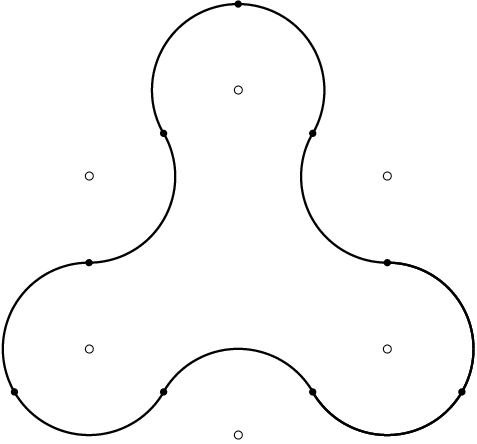 [asy] size(5cm); defaultpen(fontsize(6pt)); dotfactor=4; label("$\circ$",(0,1)); label("$\circ$",(0.865,0.5)); label("$\circ$",(-0.865,0.5)); label("$\circ$",(0.865,-0.5)); label("$\circ$",(-0.865,-0.5)); label("$\circ$",(0,-1)); dot((0,1.5)); dot((-0.4325,0.75)); dot((0.4325,0.75)); dot((-0.4325,-0.75)); dot((0.4325,-0.75)); dot((-0.865,0)); dot((0.865,0)); dot((-1.2975,-0.75)); dot((1.2975,-0.75)); draw(Arc((0,1),0.5,210,-30)); draw(Arc((0.865,0.5),0.5,150,270)); draw(Arc((0.865,-0.5),0.5,90,-150)); draw(Arc((0.865,-0.5),0.5,90,-150)); draw(Arc((0,-1),0.5,30,150)); draw(Arc((-0.865,-0.5),0.5,330,90)); draw(Arc((-0.865,0.5),0.5,-90,30)); [/asy]