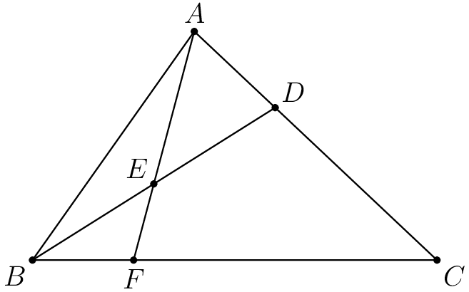 [asy] unitsize(2cm); pair A,B,C,DD,EE,FF; B = (0,0); C = (3,0);  A = (1.2,1.7); DD = (2/3)*A+(1/3)*C; EE = (B+DD)/2; FF = intersectionpoint(B--C,A--A+2*(EE-A)); draw(A--B--C--cycle); draw(A--FF);  draw(B--DD);dot(A);  label("$A$",A,N); dot(B);  label("$B$", B,SW);dot(C);  label("$C$",C,SE); dot(DD);  label("$D$",DD,NE); dot(EE);  label("$E$",EE,NW); dot(FF);  label("$F$",FF,S); [/asy]