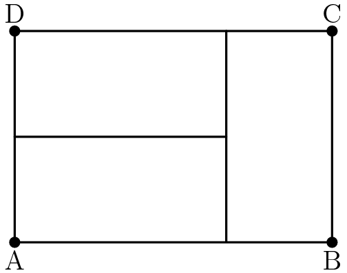 [asy] draw((0,0)--(3,0)); draw((0,0)--(0,2)); draw((0,2)--(3,2)); draw((3,2)--(3,0)); dot((0,0)); dot((0,2)); dot((3,0)); dot((3,2)); draw((2,0)--(2,2)); draw((0,1)--(2,1)); label("A",(0,0),S); label("B",(3,0),S); label("C",(3,2),N); label("D",(0,2),N); [/asy]